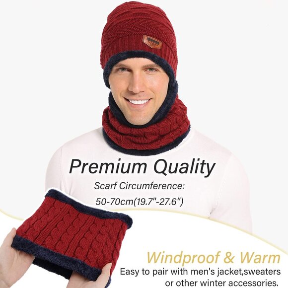 🆕 Men Red Fleece Lined Winter Cap Beanie Scarf Set Knit Neck Warmer Nice Hat - Picture 5 of 6